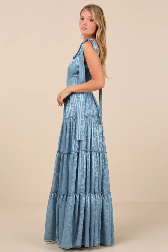Picturesque Allure Slate Blue Jacquard Tie-Strap Maxi Dress | Lulus