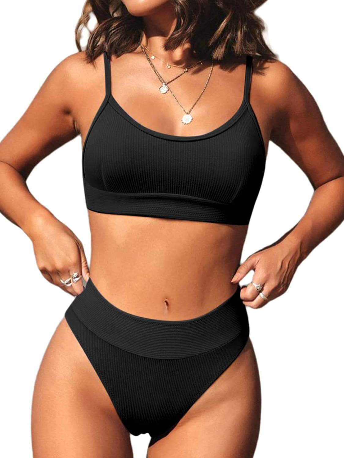 Hilinker Women's Ribbed Knit Bikini Swimsuits High Waisted 2 Piece Bathing Suit | Amazon (US)