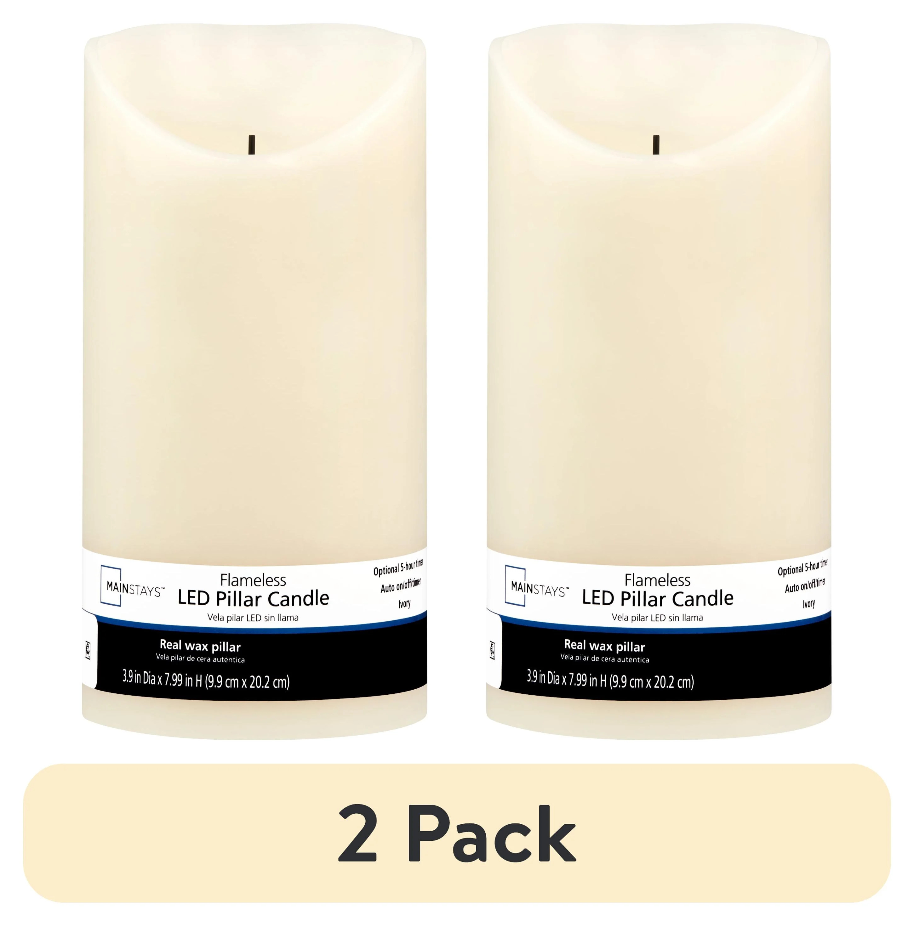 (2 pack) Mainstays Unscented Flameless LED Pillar Candle, Ivory, 4 x 8 in | Walmart (US)