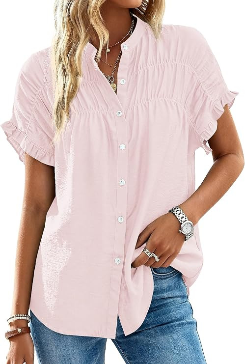 MASCOMODA Womens 2026 Button Down Shirts Ruffle Short Sleeve Loose Summer Tops Dressy Casual V Ne... | Amazon (US)