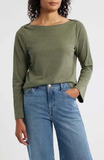 Wit & Wisdom Boat Neck Long Bell Sleeve T-Shirt in Heather Olive at Nordstrom Rack, Size Medium | Nordstrom Rack
