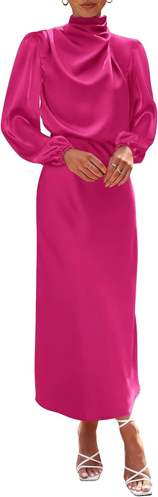 BTFBM Women's Mock Neck Satin Dress Elegant Long Sleeve Elastic High Waist Formal Wedding Cocktai... | Amazon (US)