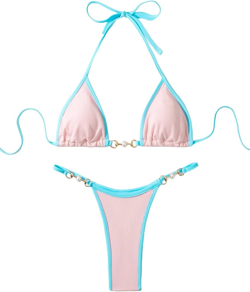 GORGLITTER Women's 2 Piece Colorblock Micro Bikini Set Chain Swimsuit String Bathing Suit | Amazon (US)