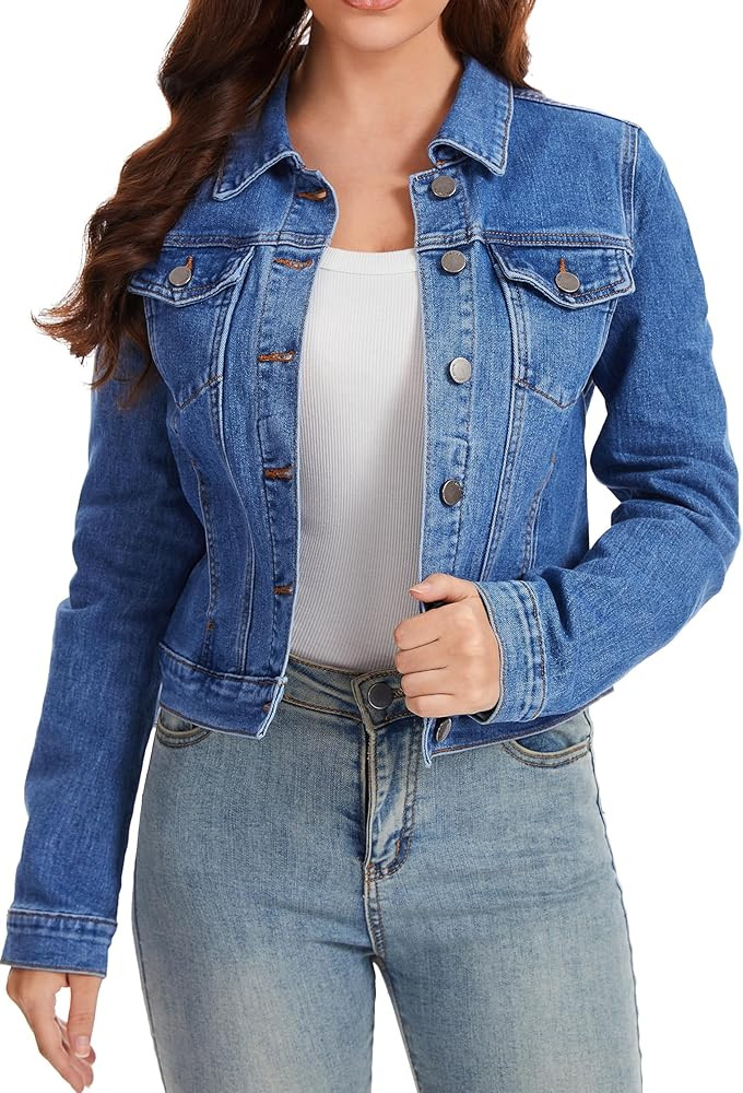 andy & natalie Women's Jean Jacket Stretch Cropped Button Down Denim Jackets Fitted Classic Jacke... | Amazon (US)
