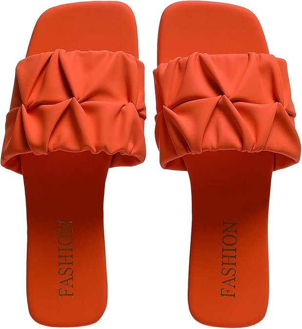 Women's Pleated Square Toe Slide Sandals, Trendy Flat Sandals with Open Toe, Lightweight Summer S... | Amazon (US)