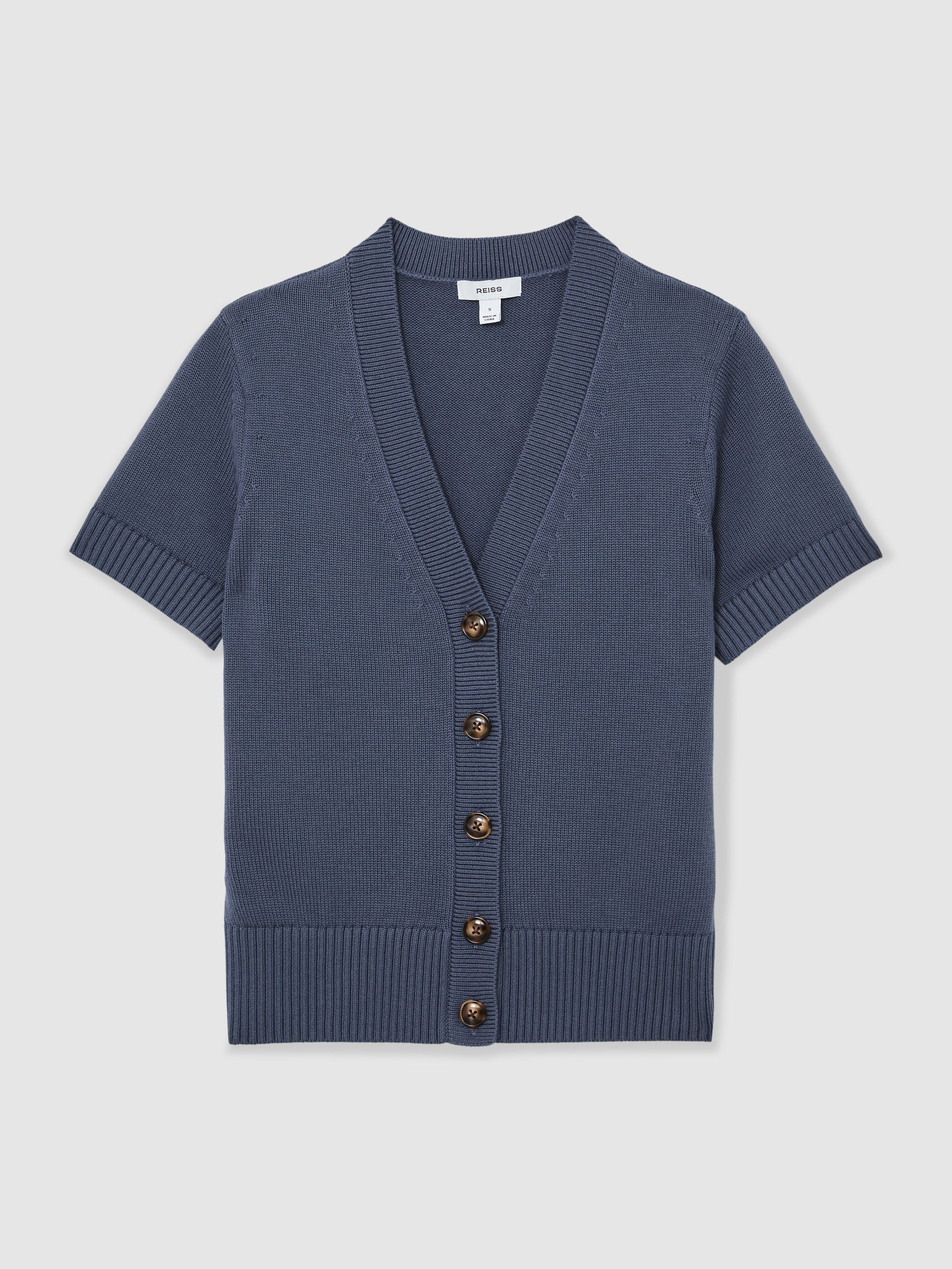 Reiss V-Neck Short-Sleeve Cardigan Cotton-Wool in Blue - REISS | Reiss UK
