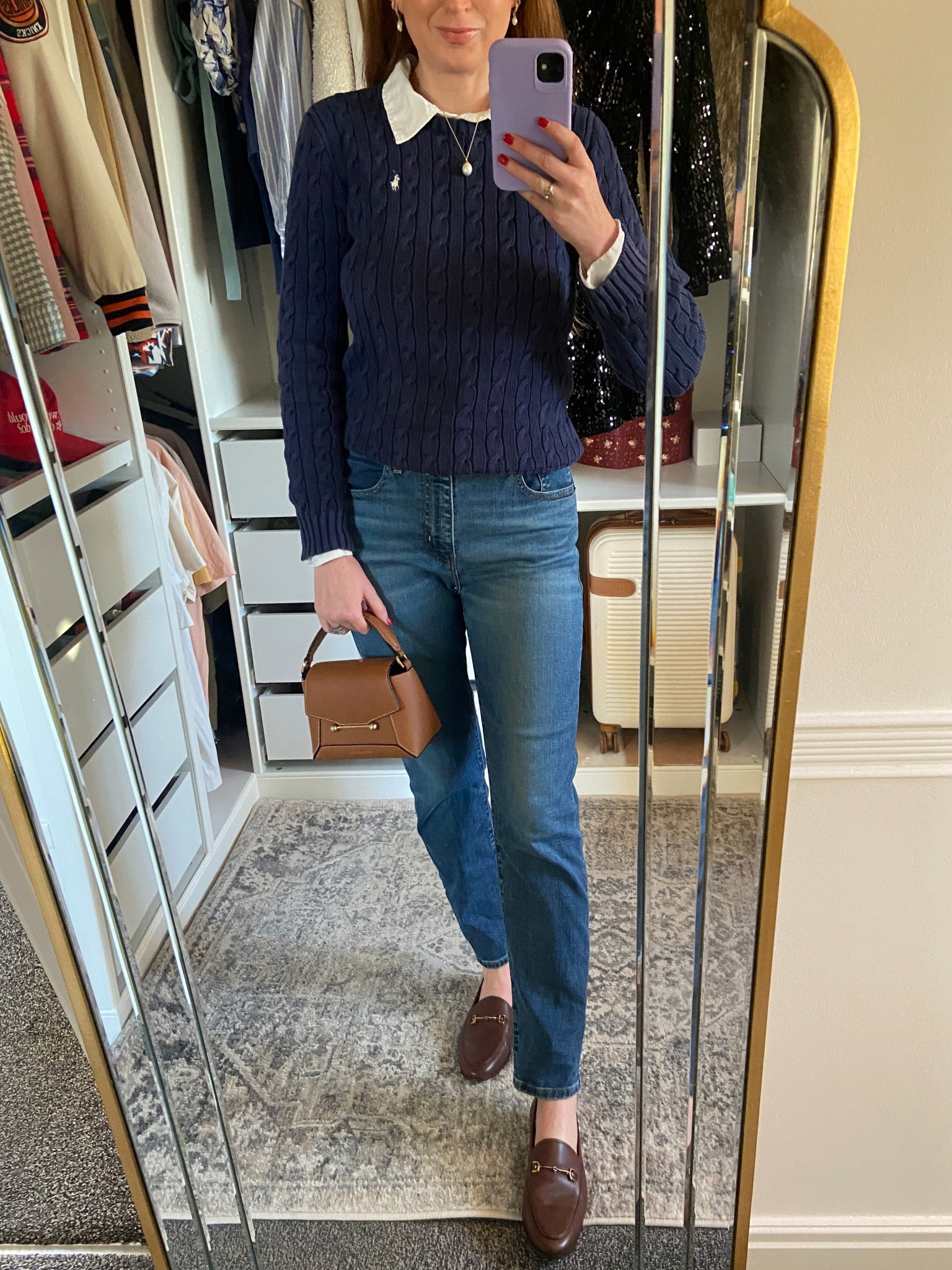Chic casual outfit, navy sweater white Oxford shirt for layering, my favourites go to classic denim and brown loafers for running errands this Monday! ☕️💙🍂 winter outfit inspiration, Ralph Lauren cable knit jumper 

#LTKuk #LTKautumn #LTKwinter
