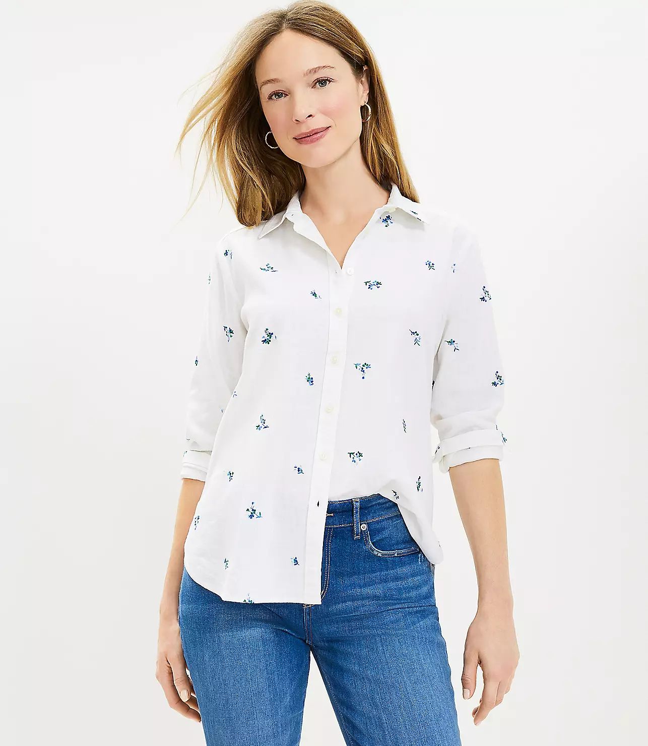 Floral Embroidered Linen Blend Everyday Shirt | LOFT