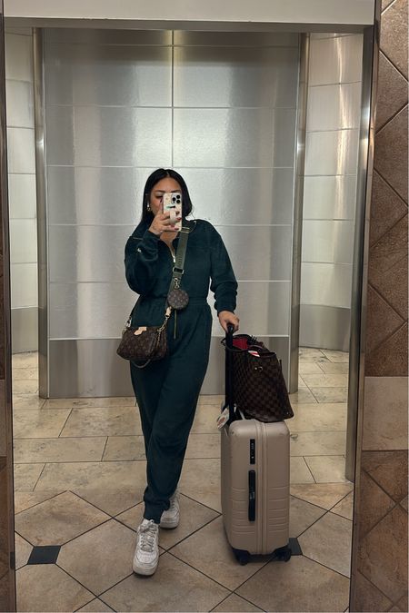 Airport outfit 🫶🏼 @fabletics onesie (M), stick to your true size or go up; @monos suitcase 🧳 

Athleisure, airplane outfit, airport fit, casual comfy airport aesthetic, midsize onesie, mom ootd

#LTKActive #LTKStyleTip #LTKTravel