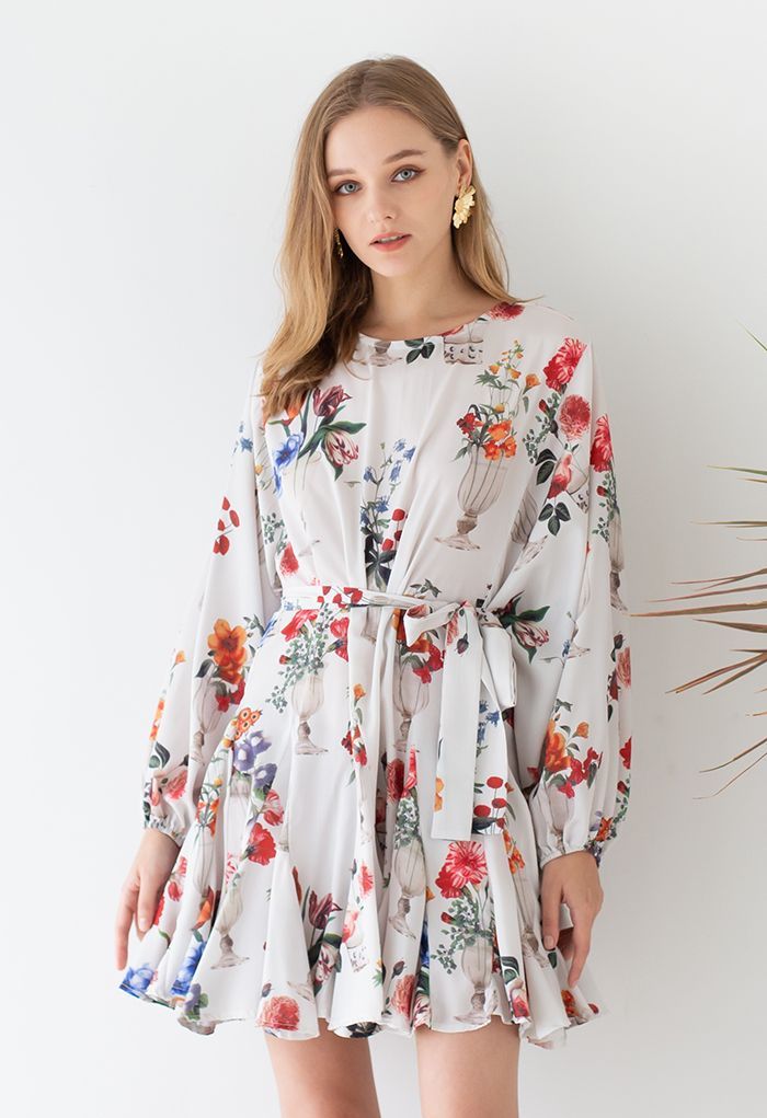 Fascinating Floral Bubble Sleeves Frilling Dress | Chicwish