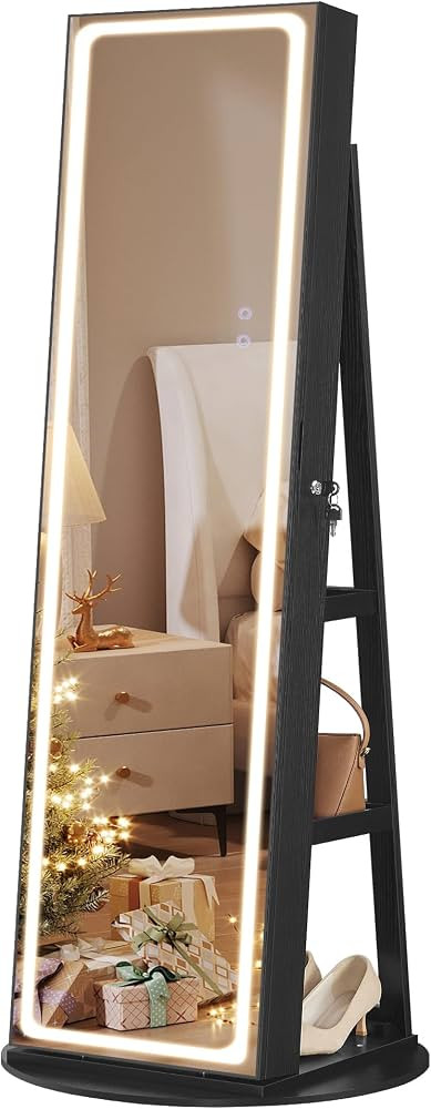 SONGMICS LED Mirror Jewelry Cabinet Standing, Lockable Jewelry Armoire with Full-Length Mirror an... | Amazon (US)