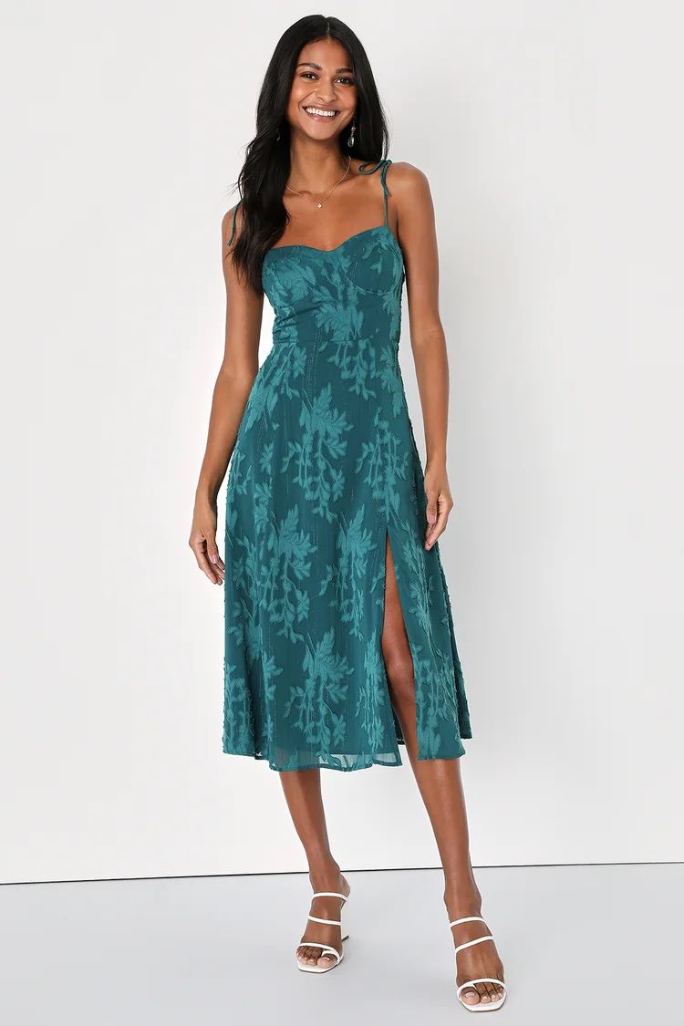 Loveliest Looks Emerald Green Jacquard Tie-Strap Midi Dress | Lulus (US)