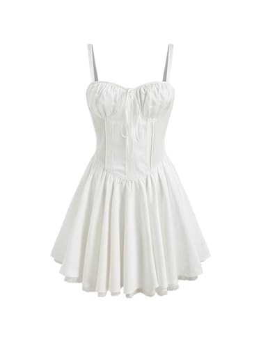 CIDER Mini Dress Lace Up Ruffle V-Neck Corset Short Party Dress Sleeveless Middle Waist Solid Dresses White | Amazon (US)