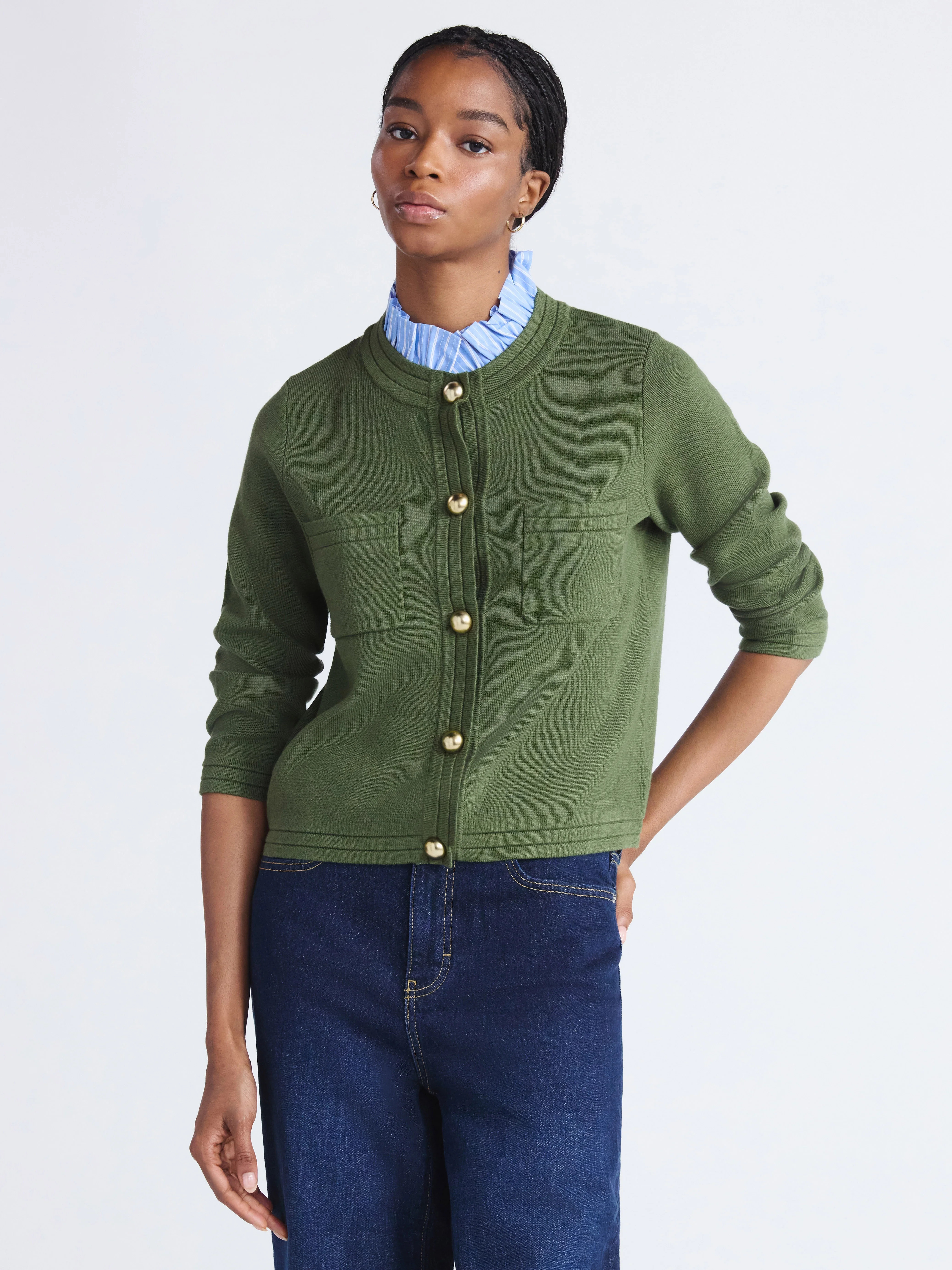 Free Assembly Women's and Women's Plus Ruffle Neck Chest Pocket Cardigan, Sizes XS-4X | Walmart (US)