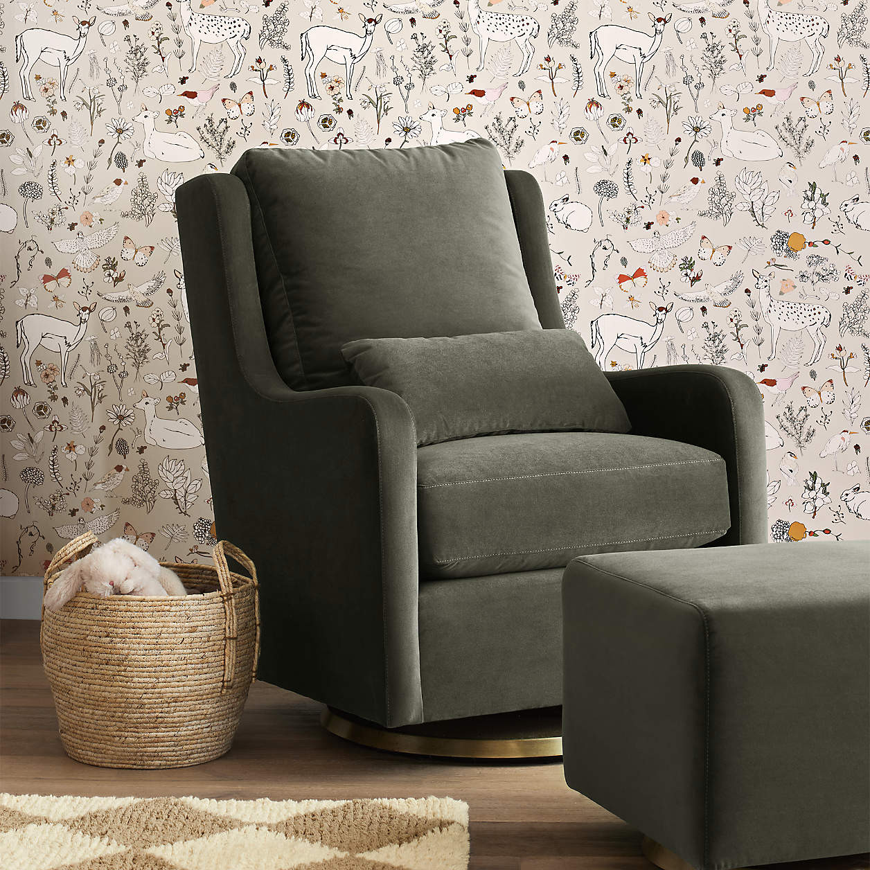 Milo Green Nursery Swivel Glider Chair with Gold Base + Reviews | Crate & Kids | Crate & Barrel