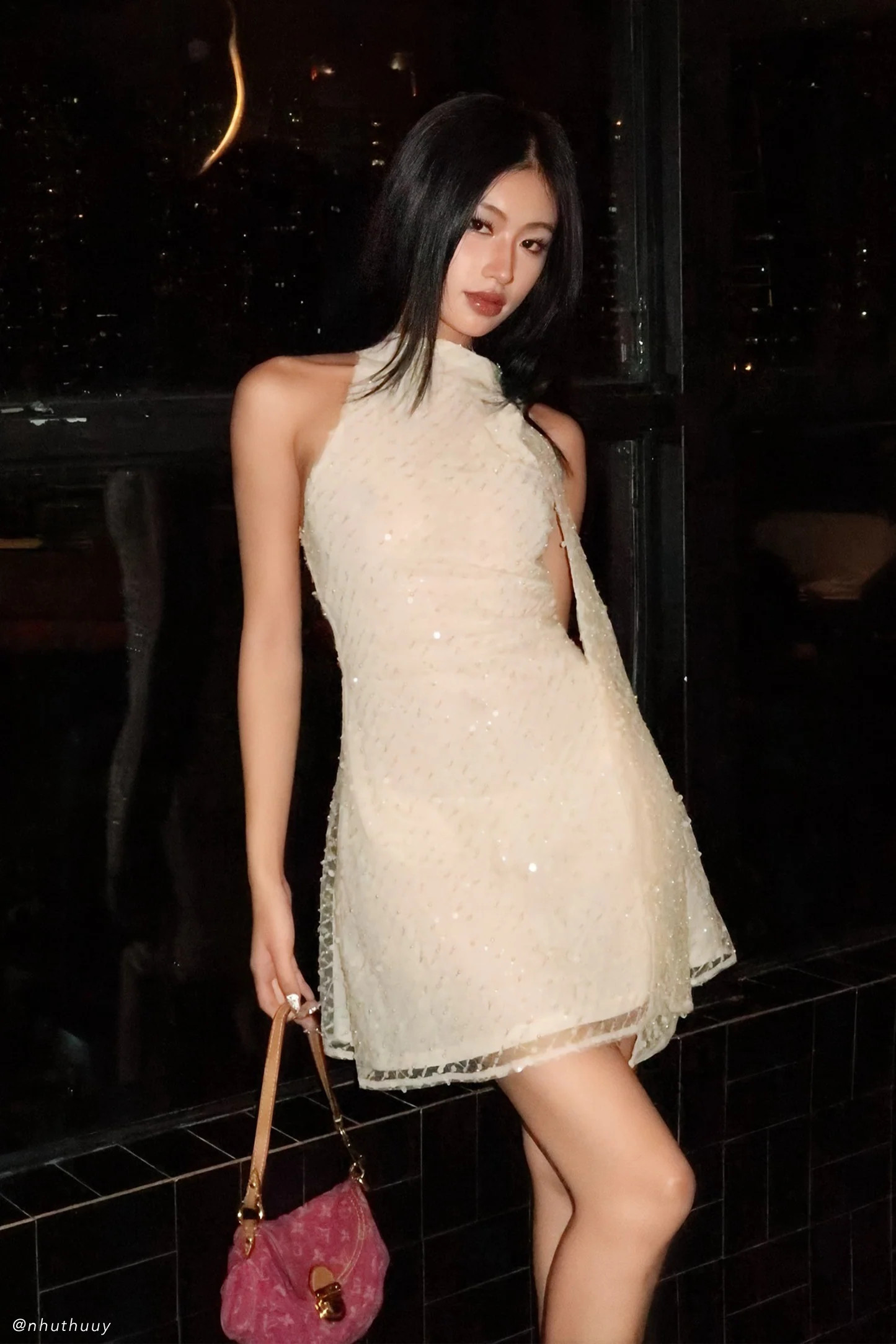 Aubriella Sequin Halter Mini Dress With Tie - Buttercream | MESHKI US