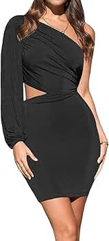 Amazon.com: LYANER Women's One Shoulder Cutout Long Sleeve Bodycon Cocktail Party Mini Dress Blac... | Amazon (US)