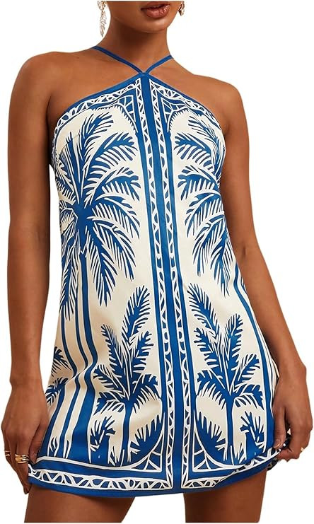 MakeMeChic Women's Tropical Print Halter Neck Dress Summer Tie Backless Spaghetti Strap Boho Shor... | Amazon (US)