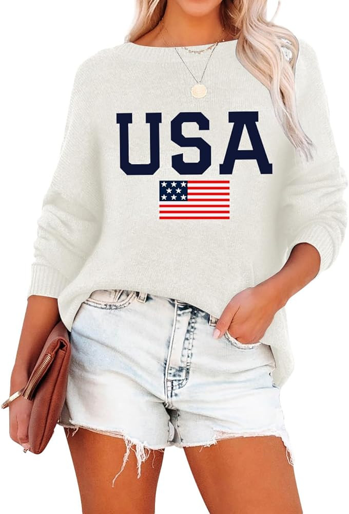 Lacozy Womens Sweater Crewneck USA Graphic Long Sleeve Tops Lightweight American Flag Sweatshirt ... | Amazon (US)