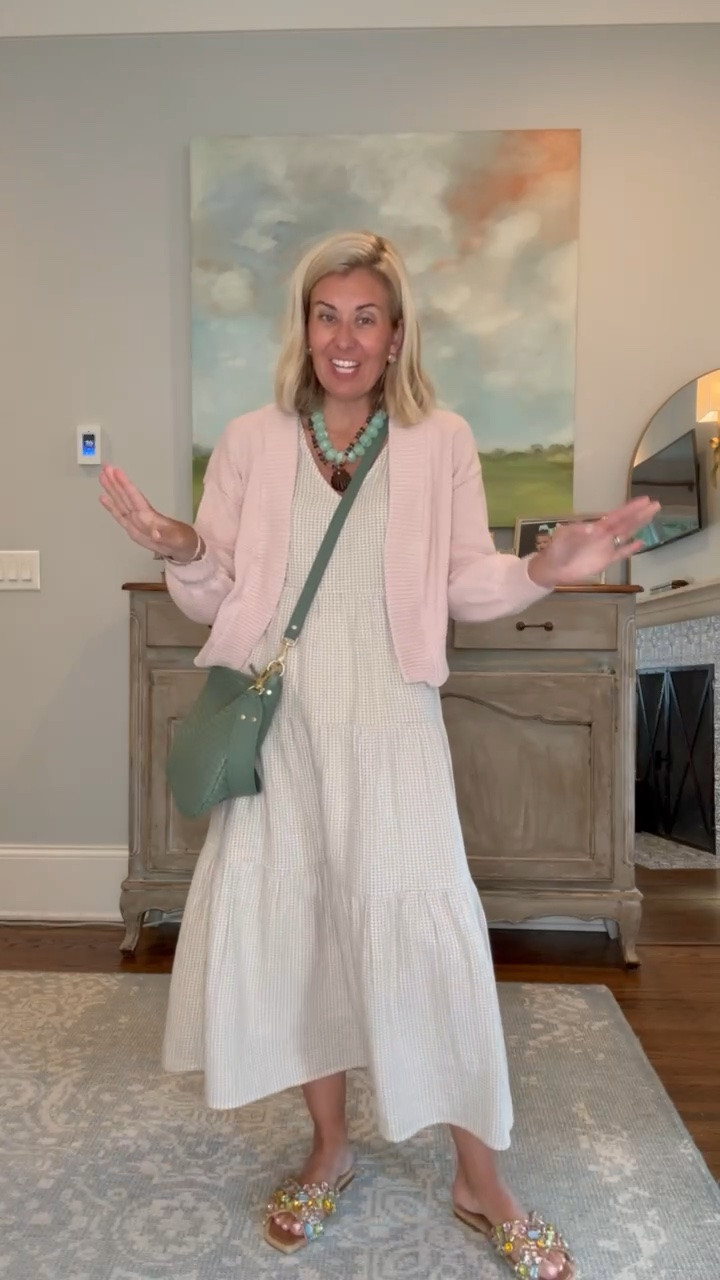 Oh wow I love this dress! It’s the perfect throw on and go dress. I’m in xs dress & cardigan and 7 bling sandal (size 1 down).

#LTKootd #LTKmomlife #LTKOver40