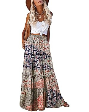 Women's 2024 Summer Skirt High Waist Flowy A Line Boho Skirt Maxi Skirt with Pockets | Amazon (US)