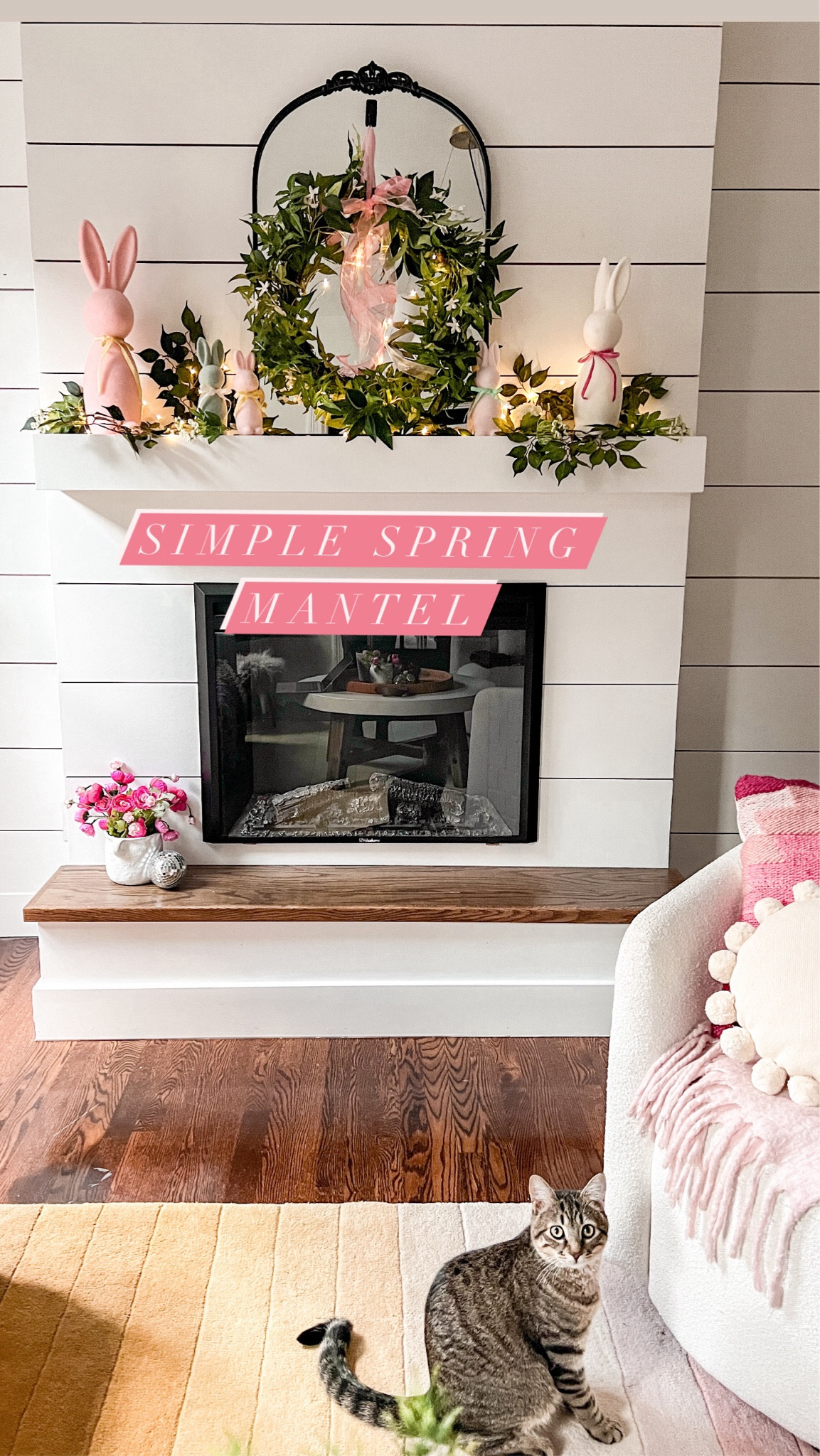 Simple spring mantel with velvet bunnies. After Easter you can take the bunnies out and enjoy the mantel through summer! 

#LTKhome #LTKSeasonal #LTKSpringSale