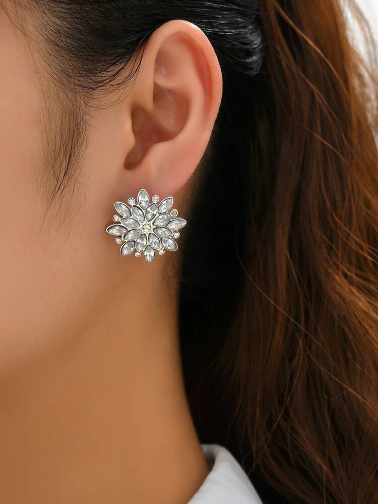 Rhinestone Flower High-end Luxury Wedding Full Diamond Stud Earrings | SHEIN