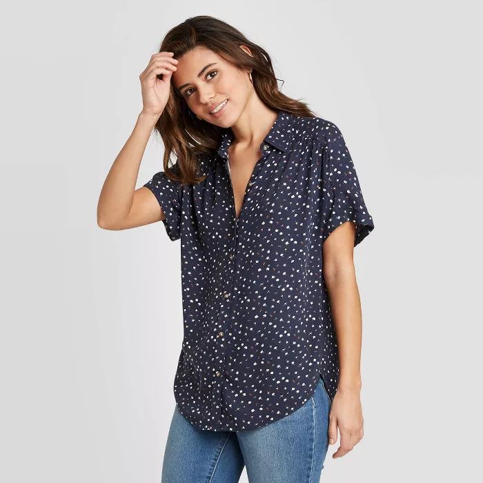 Women's Floral Print Short Sleeve Button-Down Camp Shirt - Universal Thread™ Navy | Target