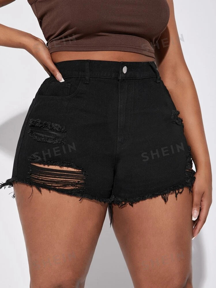 SHEIN SXY Plus Ripped Raw Hem Denim Shorts | SHEIN USA | SHEIN