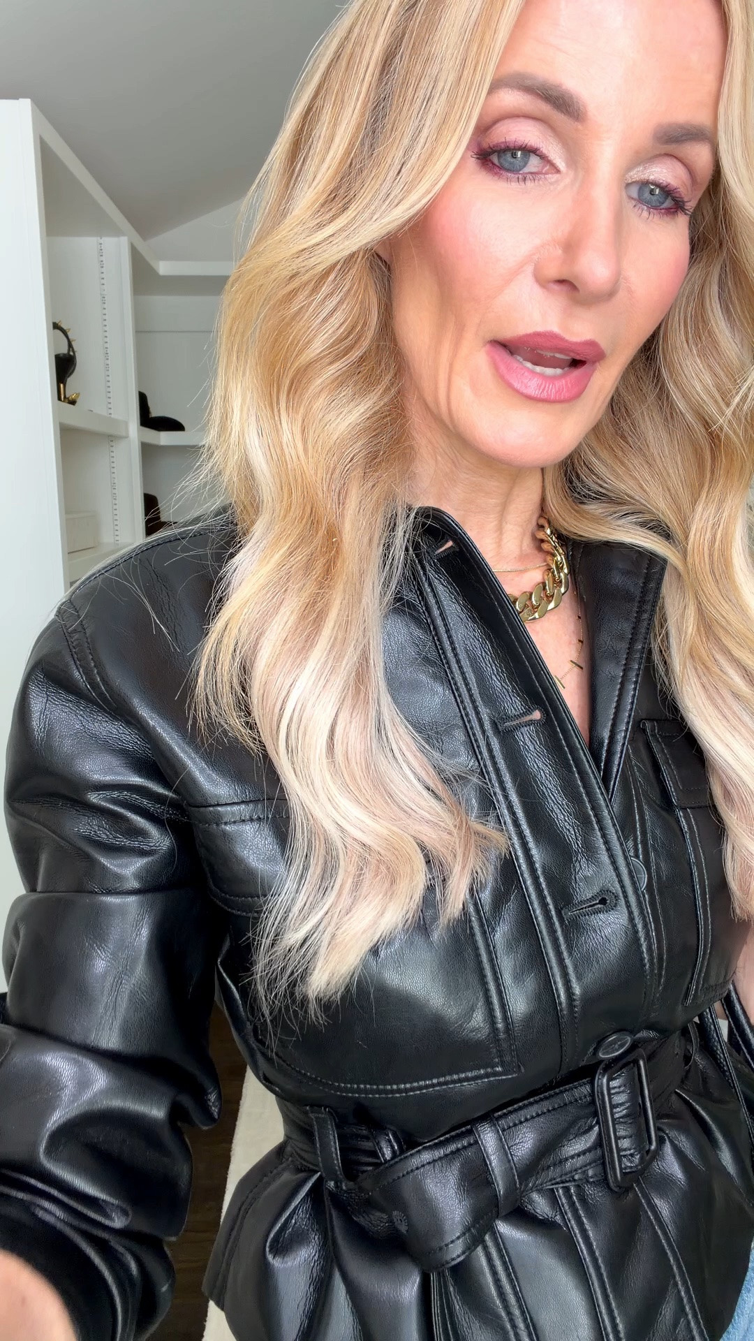 This black faux leather jacket instantly elevates a classic jeans outfit! The cinched waist creates such a flattering shape, while the relaxed denim keeps the look modern and effortless. I’m wearing an XS in the jacket and a size 24 in the jeans. #FallOutfit #FauxLeatherJacket #DenimStyle #JeansOutfit #WomenOver40Style
 

 #LTKootd #LTKSeasonal #LTKOver40
