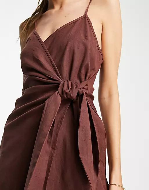 ASOS DESIGN Tall wrap cami tie side linen mini sundress in chocolate brown | ASOS (Global)