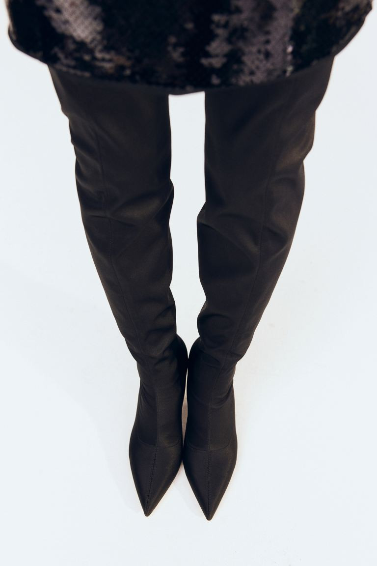 Over-the-knee satin boots - Black - Ladies | H&M GB | H&M (UK, MY, IN, SG, PH, TW, HK)