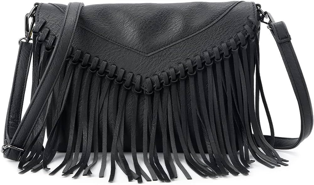 Oweisong Fringe Purse for Women Vintage Leather Black Tassel Shoulder Handbags Hobo Cross Body Ba... | Amazon (US)