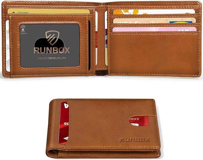 RUNBOX Slim Wallet for Men Minimalist Leather Bifold RFID Blocking with Gift Box | Amazon (US)