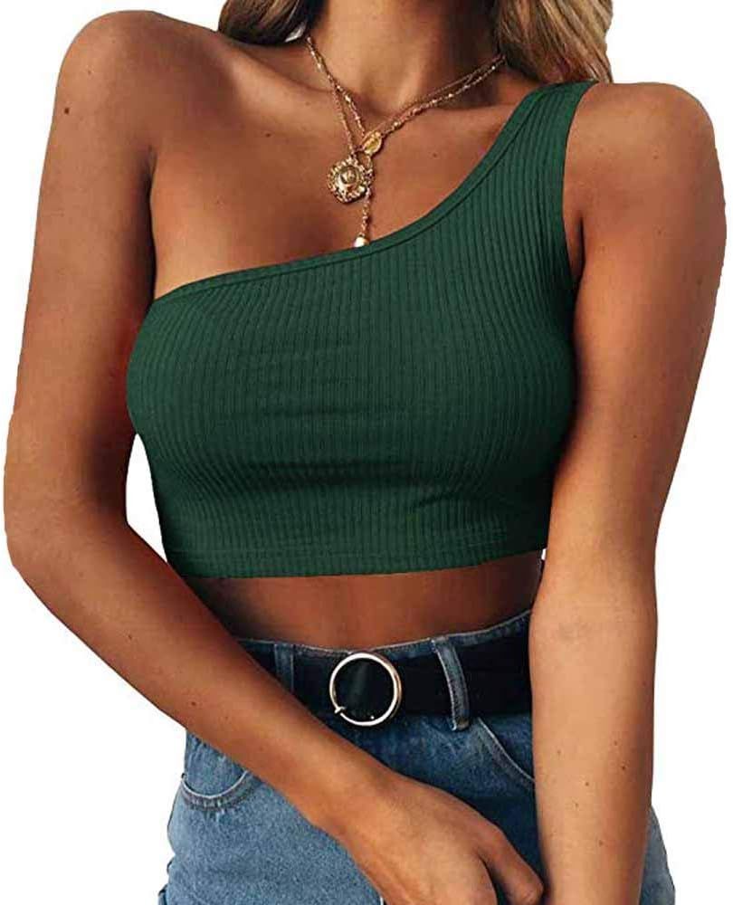 Women's Sexy Crop Tops Sleeveless One Shoulder Strappy Ribbed Knit Tank Tees | Amazon (US)