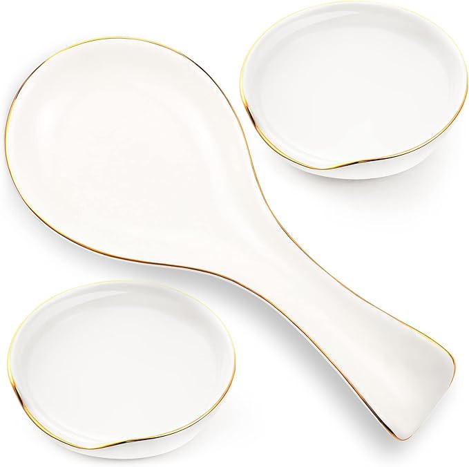 3 Pcs Gold Rim Ceramic Spoon Rests White Kitchen Spoon Rests Long Cooking Spoon Holder for Counte... | Amazon (US)