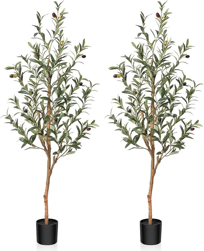 Artificial Olive Tree, 4FT Tall Fake Silk Plants with Natural Wood Trunk Faux Potted Tree for Hom... | Amazon (US)