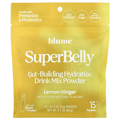 Blume, SuperBelly, Gut-Building Hydration Drink Mix Powder, Lemon Ginger, 15 Packets, 0.14 oz (4 g) Each | iHerb
