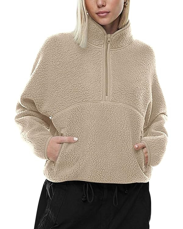 LASLULU Womens Half Zip Pullover Cropped Sweatshirts Sherpa Fleece Jacket Fuzzy Sweaters Cute Win... | Amazon (US)