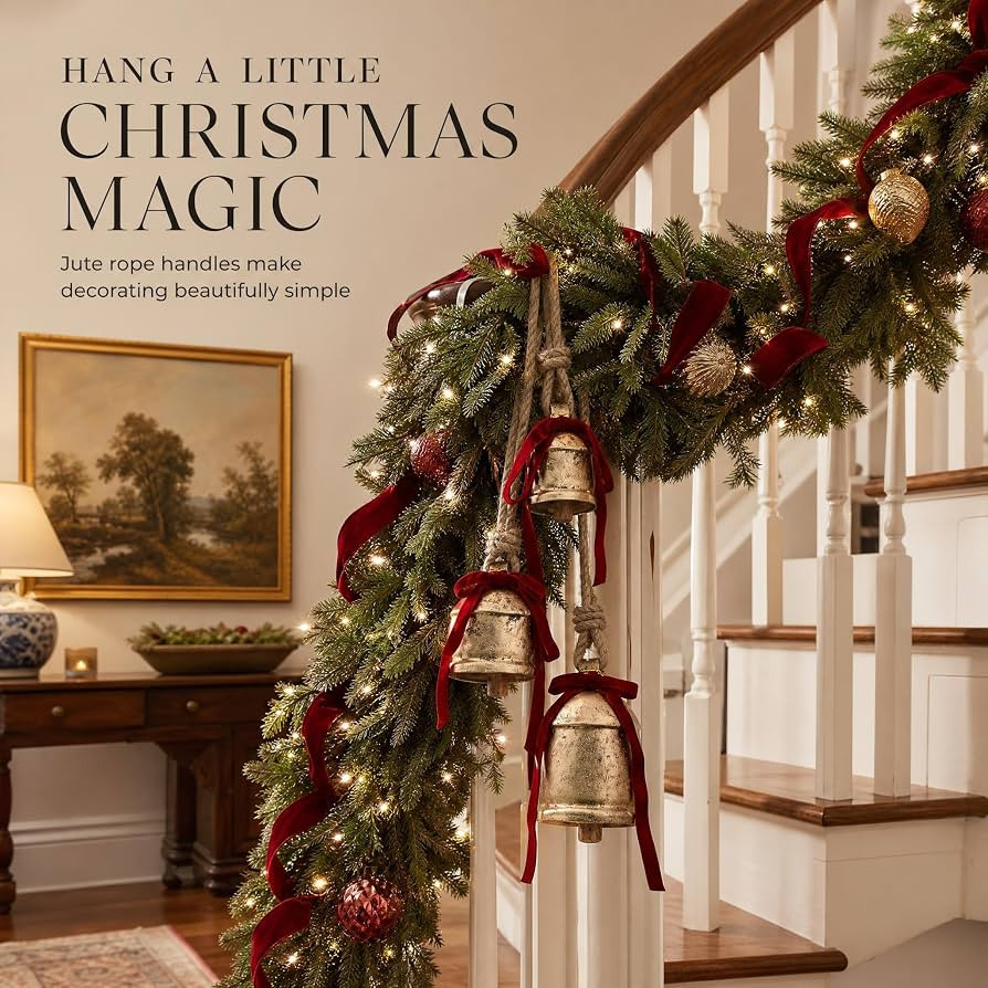 Rustic Golden Christmas Bell Ornaments & Velvet Bows - Set of 3 Large Bells | Amazon (US)