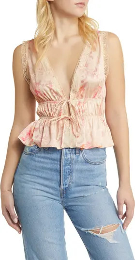 WAYF Beatrix Floral Tie Front Satin Top | Nordstrom | Nordstrom