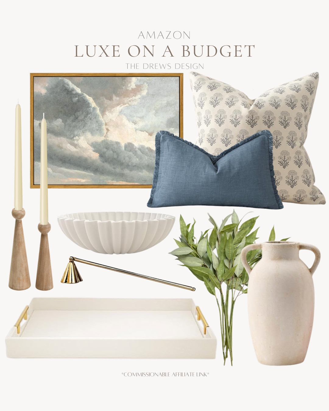 Amazon home accents includes throw pillows, wall art, candlestick holders, decorative bowl, greenery stems, vase, tray, and candle snuffer.

Looks for less, home decor, home accents

#LTKvlog #LTKSaleAlert #LTKHome