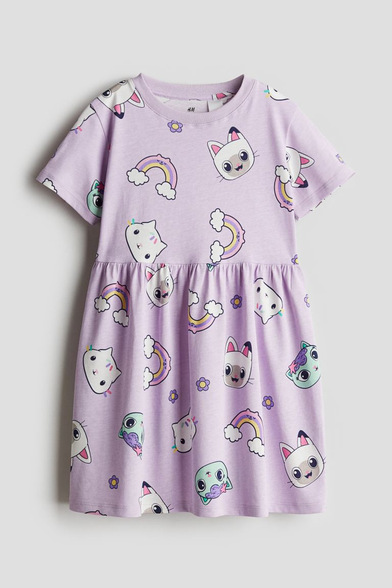 Printed Jersey Dress - Round Neck - Short sleeve - Light purple/Gabby's Dollhouse - Kids | H&M US | H&M (US + CA)
