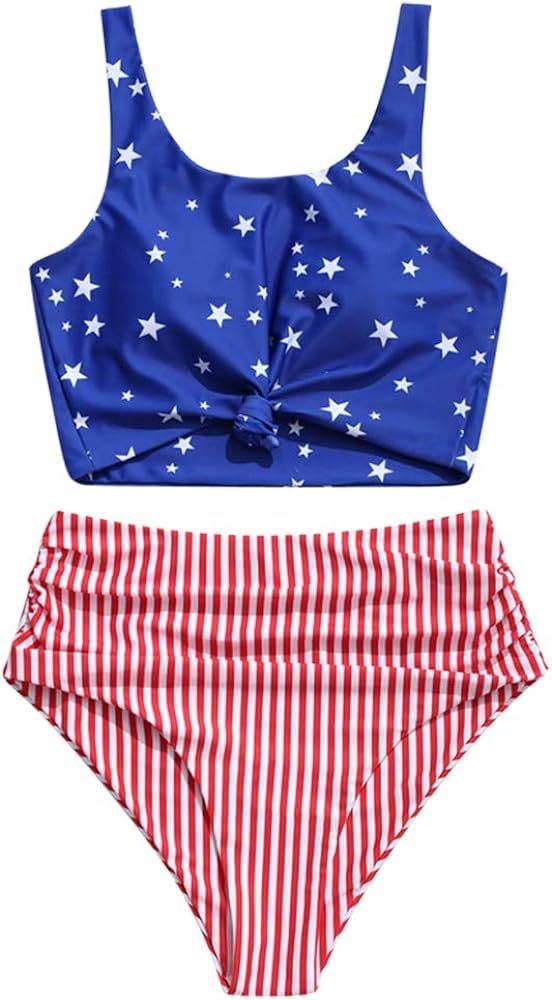 American Flag Tankini Swimsuit Knot Ruched High Waisted Bikini Set Star Stripes Bathing Suit | Amazon (US)