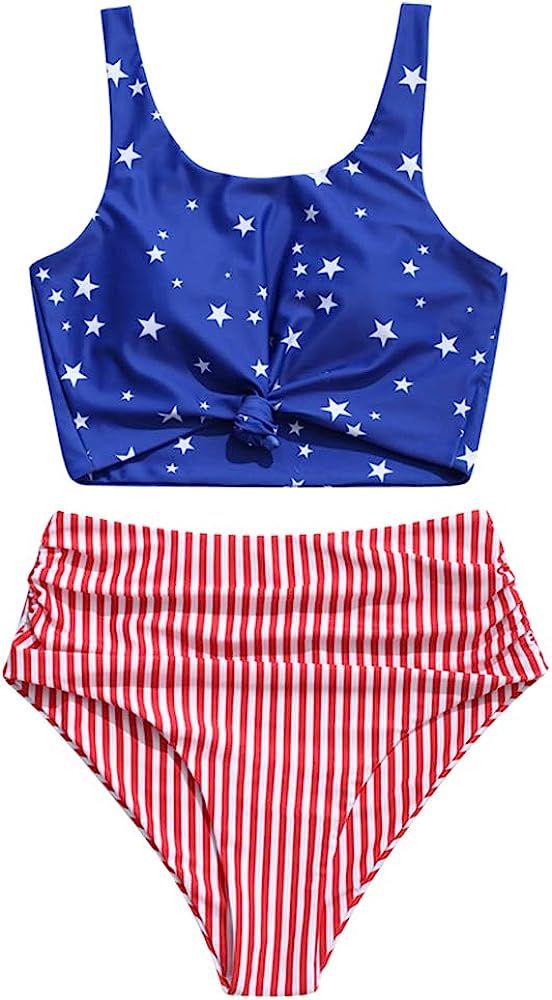 American Flag Tankini Swimsuit Knot Ruched High Waisted Bikini Set Star Stripes Bathing Suit | Amazon (US)