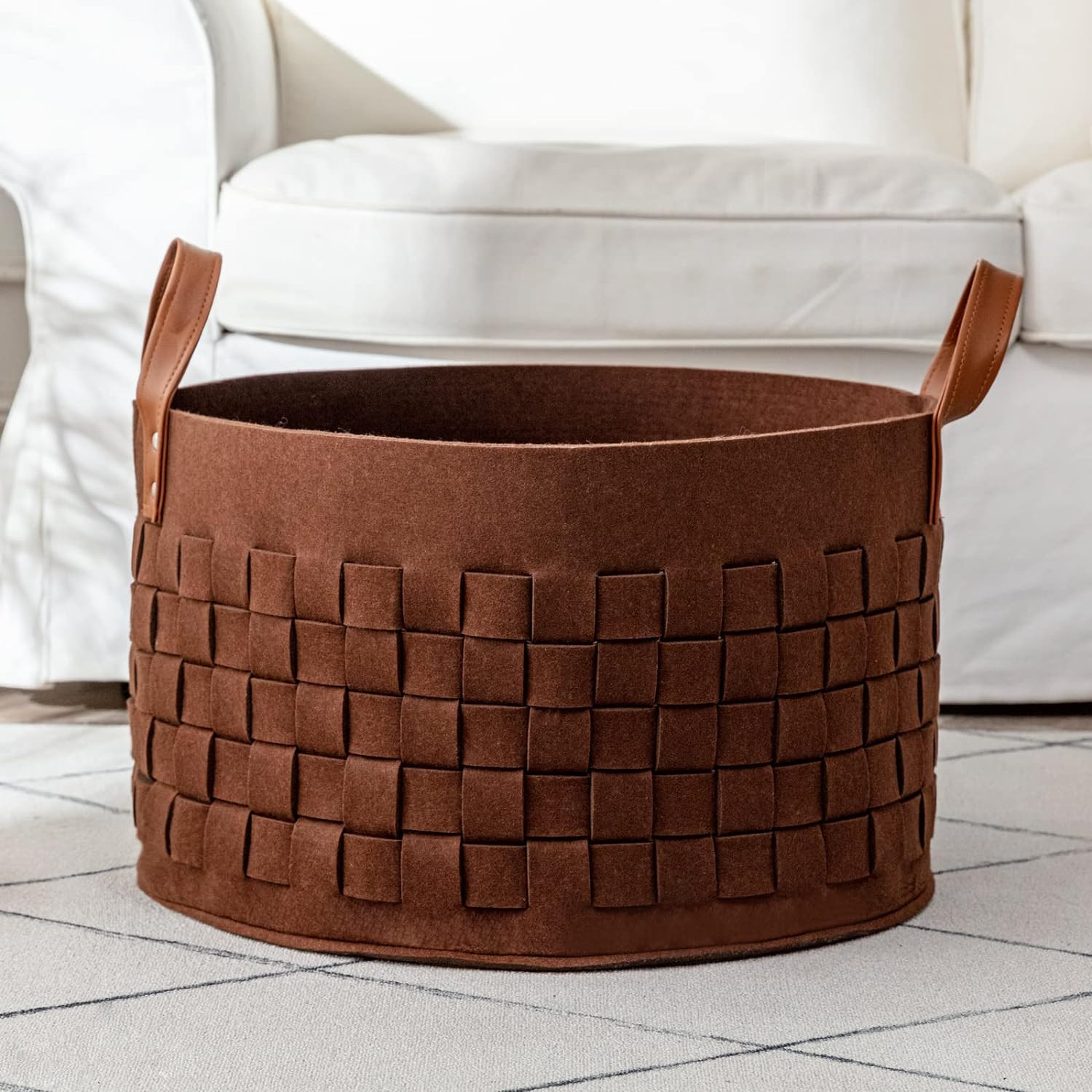 Laundry Basket 20 " x20 x11.8 , Large Felt Fabric Blanket Basket with Leather Handle, Dirt Clothe... | Amazon (US)