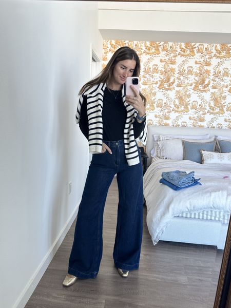 Wide leg Jean outfit with my stripped white button sweater! Jeans are from last year, but linked the updated version that they’re showing this year - looks pretty identical in style.

#LTKsalealert #LTKstyletip #LTKworkwear