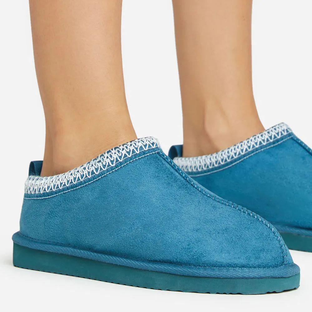 Catch-Up Aztec Detail Faux Fur Lining Flat Slipper In Teal Faux Suede | EGO Shoes (US & Canada)