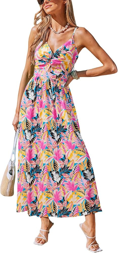 CUPSHE Women's Maxi Dress Floral Print Twisted V Neck Sleeveless Long Dress Summer Casual Dress | Amazon (US)