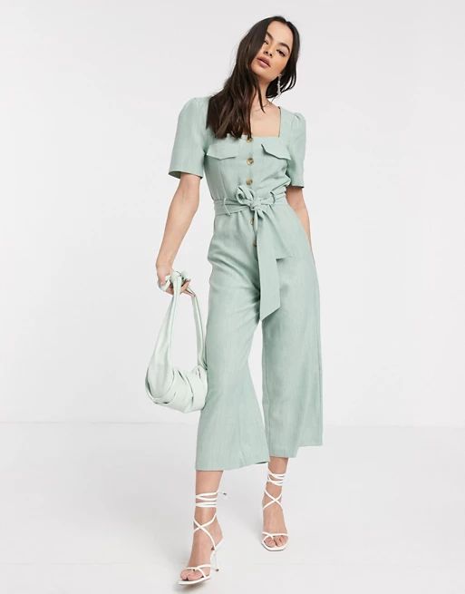 ASOS DSEIGN square neck button front jumpsuit with tie waist in sage | ASOS (Global)